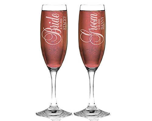 Bride and Groom Personalized Set of 2 Champagne Flutes, Celebration Glasses for Newlyweds, Custom Engraved His Her Champagne Glass Wedding