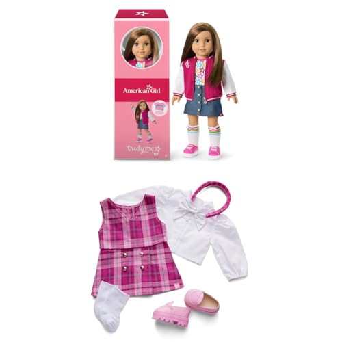 Image of Bundle of American Girl, Truly Me 18-inch Doll #107 with Brown Eyes, Straight Brown Hair, Light-to-Medium Skin, for Ages 6+ + Truly Me 18-inch Doll Outfit, Pink & Preppy Outfit, for Ages 6+
