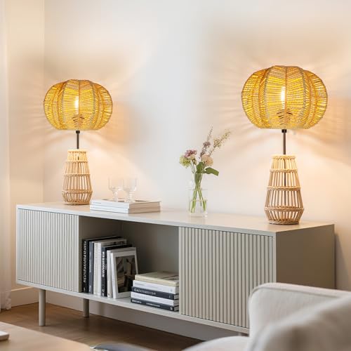 Image of Hanging Light Rattan Lamp Shade Boho Lampshades for Rattan Pendant Lights Ceiling Light Table Lamps Floor Hanging Lights Plug in Pendant Light Wall Sconce