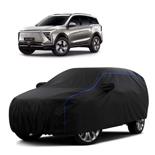Image of Sulfar 100% Water Resistant Car Body Cover Compatible with Mirror for Mahindra XEV 9S (Triple Stitched, Full Bottom Elastic, Black Tafetta with Blue Piping)