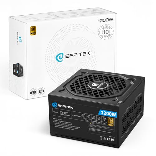 EFFITEK 1200 Watt Netzteil Vollmodular für PC Gaming ATX 3.1 und PCIe 5.1 kompatibel [Gold Serie] 80 Plus Gold I 12V Netzteil I für PC Gehäuse ATX I Power Supply I ATX Netzteil I 12V 2x6 Kabel 600W