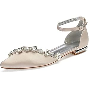 Bruiloft schoenen vrouwen platte ballerina’s dames platte gesp satijnen strass puntige neus bruids schoenen jurk schoenen,E,US11.5/EU43/UK9.5