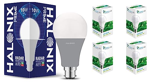 Image of SYSKA 9W B22 LED Bulb (Cool Day Light, Pack of 4, B22D Base) & Halonix Radar 10W B22 Cool Day White Motion Sensor LED Bulb, Auto On-Auto Off, Pack of 1, White
