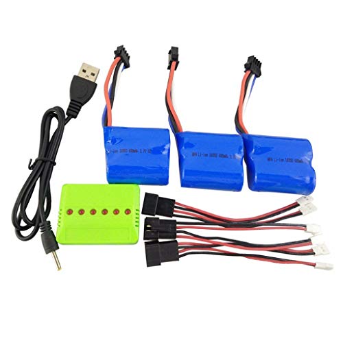 Preisvergleich Produktbild FBGood 3 Stück Ferngesteuertes Boot Ersatzakkus + 1 Stück Ladegerät + 3 Stück Konvertierungslinie, 3,7V 600mAh Lithium Batteries Kompatibel mit UDI001 / 008 RC Boot Ersatzteil