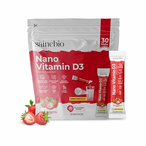Image of Sainebio Nano Vitamin D3 | 30 Sachets, 600 IU High Absorption | Supports Immunity, Bone Strength, Mood & Vitality | Travel-Friendly Daily Supplement (30 Sachets, Stawberry)
