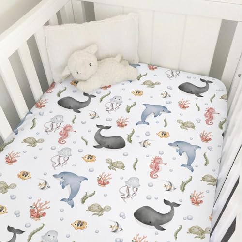 Image of Boho Sea Animals Baby Crib Fitted Sheet 52''x28'' Whale Dolphin Jellyfish Sea Horse Turtle Fish Coral Snug Fitted Crib Mattress Cover for Boy Girl Soft Bed Sheets for Standard Crib Toddler Mattress