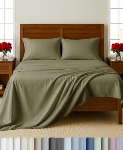 Image of California Design Den 100% Cotton Sateen Full Size Bed Sheets Set, 4 Pcs | Soft 500 Thread Count Backed by Good Housekeeping Seal, 16 inch Deep Pocket, All-Around Elastic, Easy Care - Pamelo Olive
