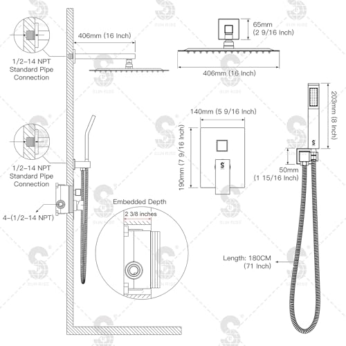 Image of SR SUN RISE Shower Faucet Set 16-Inch Rainfall Shower Head Polished Chrome