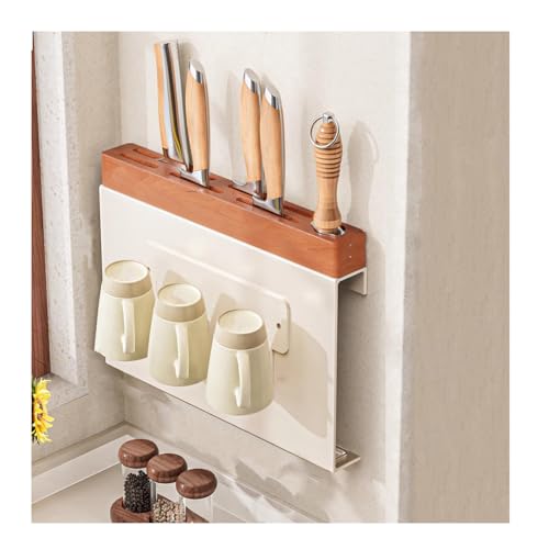 Dxcaicc Kitchen Knife Holder with Cup Rack, Universal Acacia-Wood Knife Holder 6-In-1, Mmulti-Function Wall Mounted Ventilation Knife Block for Family, Restaurant,C,17.5 Inch