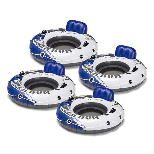 INTEX 58825EP River Run 1 Inflatable Floating Lounge: Comfortable Backrest Built-in Cup Holders Handles Grab Rope 220lb Capacity Blue 4 Pack