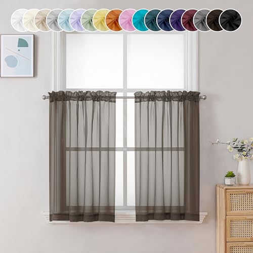 Image of Chyhomenyc Sheer Chocolate Brown Tier Curtains 24 Inch Length, Small Window Curtains Treatment for Bathroom Living Room Basement, Short Rod Pocket Cafe Curtain, 42W x 24L Inches, 2 Panels