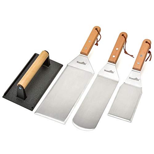 Set de 4 espátulas grandes de metal con prensa para parrilla miniatura 1