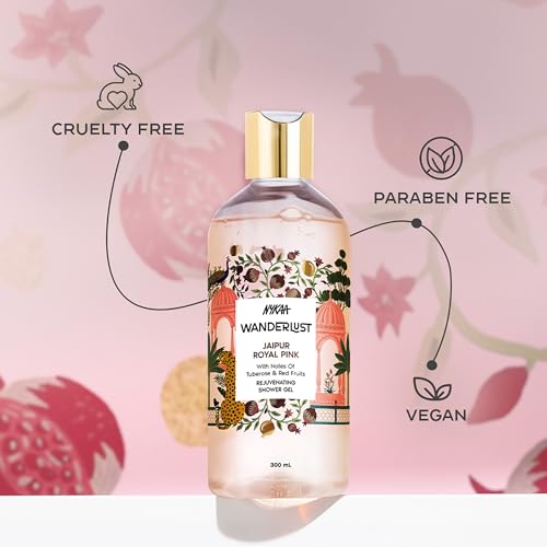 Image of Wanderlust Jaipur Royal Pink Shower Gel, 300 ml| Nourishes & Rejuvenates | Gentle Cleanser| Refreshing bodywash | Enriched With hydrating Glycerine | Paraben-Free, Vegan | Suitable for All Skin Types