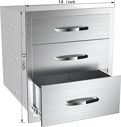 Image of 14''W x 21''H x 23''D Outdoor Kitchen Triple Access Drawers Stainless Steel, Flush Mount BBQ with Handles BBQ Island for Outdoor Kitchens or Patio Grill Station