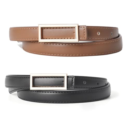 El Mejor Listado de Cinturones para Mujer del mes. 50 GeorgeX Cinturón para Mujer de Piel Genuina con Hebilla Metálica 2 Piezas de Cinturón de Mujer, Cinturón de Vestir Ajustado para Mujer para Jeans, Vestidos (C-Negro - Marrón)