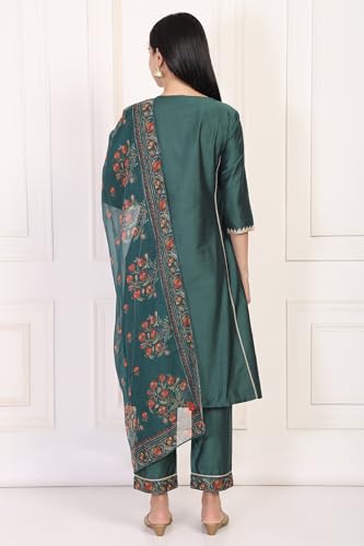 Image of W for Woman Embroidered Floral Zari Work A-Line Silk Blend Kurta with Straight Pant and Dupatta Set