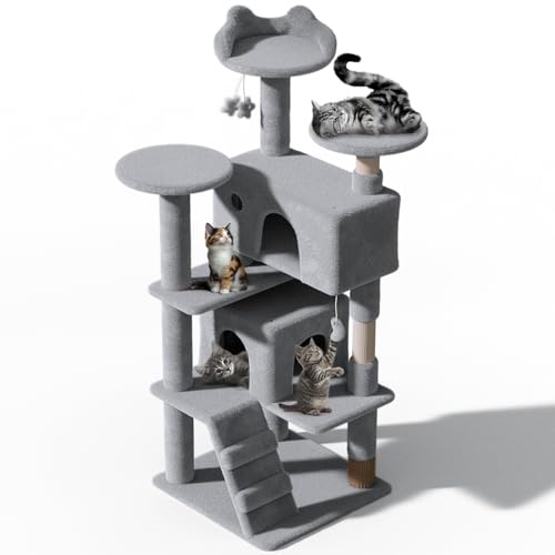 Torre para gatos 54 pulgadas con 2 condominios y 3 rascadores miniatura 1