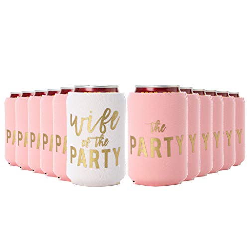 Wife of the Party and The Party, Bachelorette Party Can Coolers, Set of 12 Beer Can Coolies, Perfect Bachelorette Party Decorations and Bridesmaid Gifts (Dusty Rose)