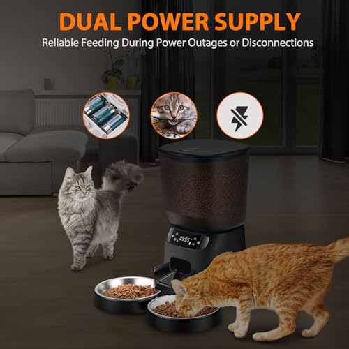 Automatic Cat Feeders for Two Cats, 5L/20 Cups Double Automatic Cat Food Dispenser with 2 Stainless Bowls, Timer Setting 20 Portions 6 Meals Per Day, 10s Meal Call (Black) - Image 6