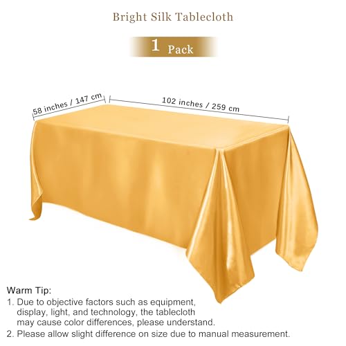 Image of TURSTIN 1 Pack Gold Satin Tablecloth 102 x 58 Inch Overlay Satin Table Cover Rectangle Bright Silk Tablecloth Smooth Fabric Table Decoration for Wedding Banquet Party Events
