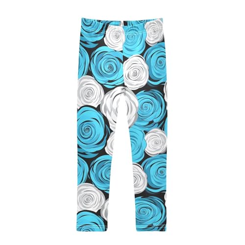 Flower White Blue Girls Leggings Ultra Soft Compression Yoga Gym Pants for Kids 4-10T