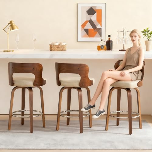 Image of Swivel Bar Stools Set of 3, 26 inch Counter Height Bar Stools, Mid-Century Modern PU Leather Modern Island Chairs with Back and Footrest, for Kitchen, Bar, Restaurant, Cafe (Beige Gray)