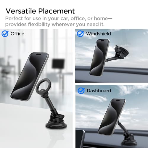 Image of Spigen Dashboard & Windshield Car Mobile Holder,Super Strong Magnet,Works as Desk Mount for iPhone 17 /16 /15 /13 /12, Samsung Galaxy Series & More (MFT35) - Black