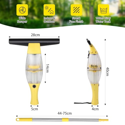 Akku Fenstersauger, Fensterreiniger elektrisch, Fensterputzer mit Teleskopstiel, Akkulaufzeit: 2.2Ah,40 min,28 cm Saugdüse, Sprühflasche mit Mikrofaserbezug für 360° streifenfreie Reinigung (Gelb)