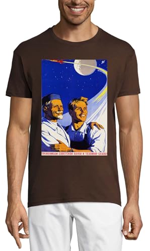 T-shirt URSS science technology homme coton marron chocolat col rond imprimé rétro