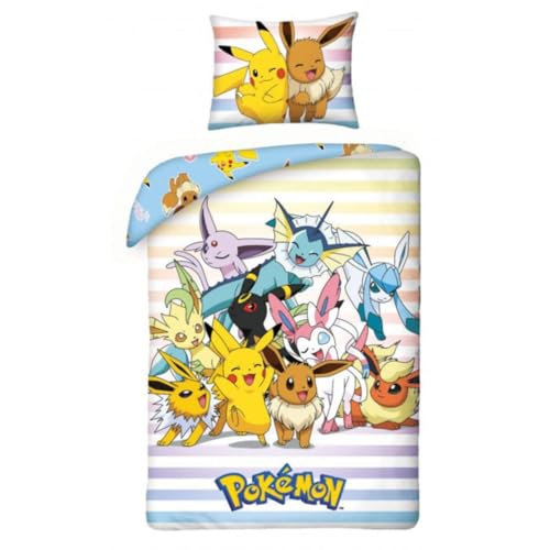 POKEMON Pikachu EEVEELUTIONS EEVEE - Juego de cama Funda nórdica 140 x 200 cm + Funda de almohada 70 x 90 cm - Reversible - 100% POLIÉSTER - Multicolor