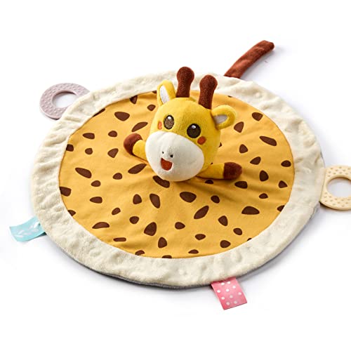 Image of TUMAMA Baby Security Blanket Lovey,Soft Fleece Velvet Minky Dot Blanket with Stuffed Animal&Teething Rings,Newborn Essentials for Babies Girls Boy,Giraffe