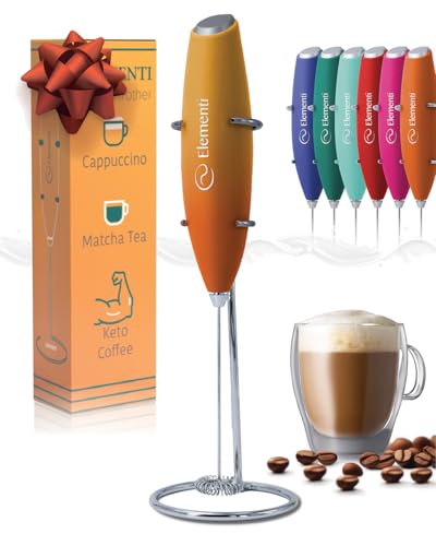 Elementi Milk Frother Wand & Drink Mixer with Stand - Powerful Coffee Frother Handheld Coffee Mixer Wand - Hand Held Milk Foamer to Make Perfect Cappuccinos, Lattes & Drink Mixes at Home (Sunrise)