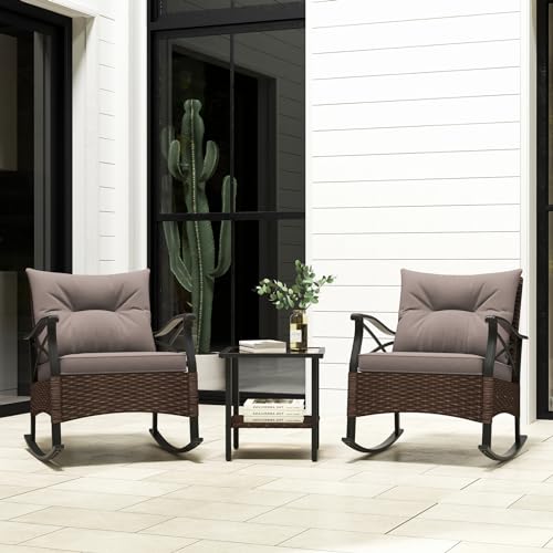Image of Tangkula 3 Pieces Outdoor Rocking Chairs Set, Rattan Heavy Duty Cushioned Rocker Chairs with 2-Tier Tempered Glass Coffee Table, for Garden, Balcony, Backyard | Heavy Duty Cushioned Rattan Patio Rocker Bistro Set, 2-Tier Side Table w / Acacia Wood Tabletop, for Porch