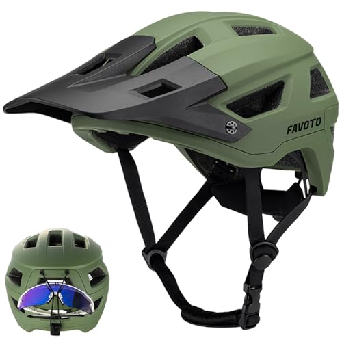 Favoto Casco de Bicicleta de Montaña con Visera - Tecnología Doble Inmould Casco MTB Ciclismo Ligero para Adultos CE Certificado L(57-61cm) Ajustable Verde Militar