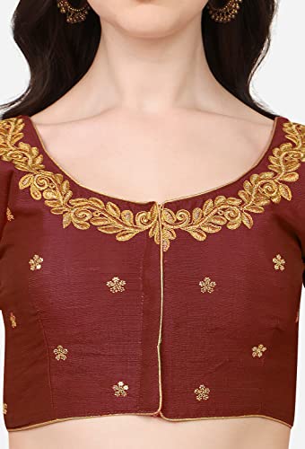 Image of Pujia Mills Women's Phantom Silk Embroidery Handwork & Sequin Work Peacock Design Half Sleeve Readymade Blouse (Mor Blouse Gold 38 Size+Margin)