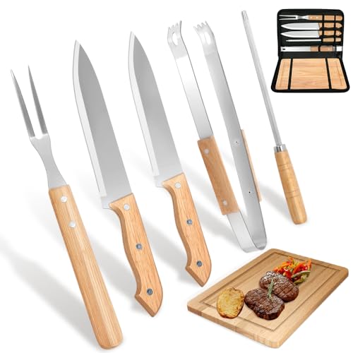 Kit Churrasco Tradicional Inox 6 Peças, Kit Churrasco com Tabua, Kit Churrasco, Kit Churrasco Inox, Kit Tábua para Churrasco, Kit de Churrasco 6 Peças com Tábua de Bambu