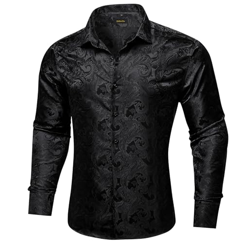 Dibangu Men'S Long Sleeve Paisley Silk Shirt Black Regular Fit Casual Button Down Dress Shirts For Wedding Party Tuxedo thumb #1