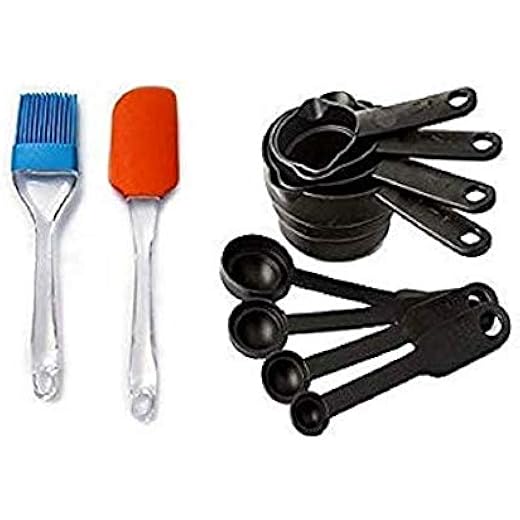 Okayji Plastic Measuring Cups and Spoon Set with Basting Brush, 10-Pieces, Multicolour