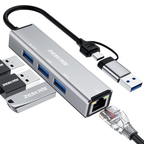 ZESKRIS Hub USB C de 4 puertos con Ethernet de 100 Mbps, adaptador USB 3.0 para MacBook [Pro/Air], ordenadores portátiles | 1 x USB 3.0 (5 Gbps), 2 x USB 2.0 + RJ45 | Compatible con PS5/PS4, Steam