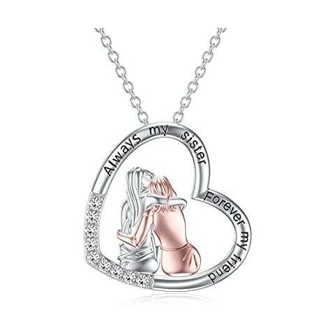 Sister Necklace Birthday Gifts Graduation Gifts for 2 Sisters Necklace Sterling Silver Heart Pendat Always My Sister Forever My Friend Pendant Necklace Jewelry Gifts for Sister Friend Women Cover