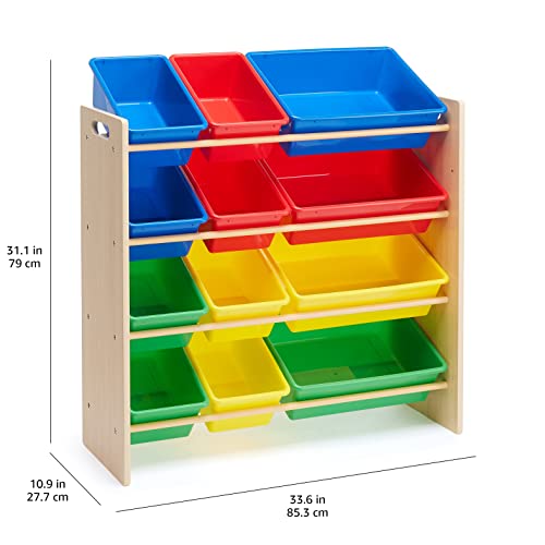 Image of Amazon Basics Kids Toy Storage Organizer With 12 Plastic Bins, Natural Wood, Multicolor, for Bedroom and Playroom, 33.85 inchD x 12.79 inchW x 35.42 inchH