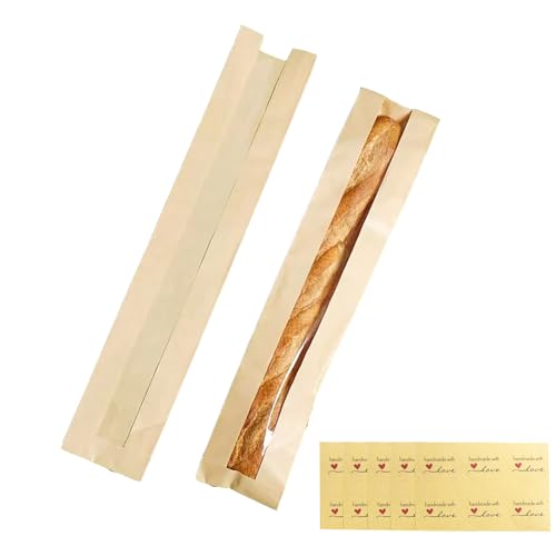 Bewinnd 40 Pack Baguette Bags Kraft Paper Long French Bread Bags for Homemade Bread with Clear Front Window(23.5 x 4.3 x 1.6 Inch) Label Seal Sticker Included