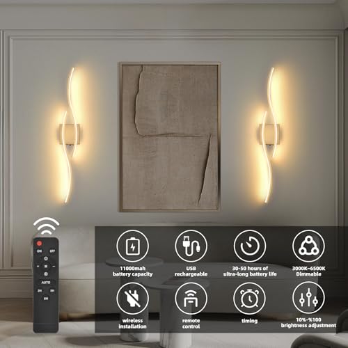 Image of Battery Powered Wall Sconces Set of 2, Gold 31.4 inch LED Dimmable Wall Sconce with Remote Control /Timer /Memory, USB Rechargeable Wall Lights for Living Room, Bedroom, Hallway Wireless scones Lighting