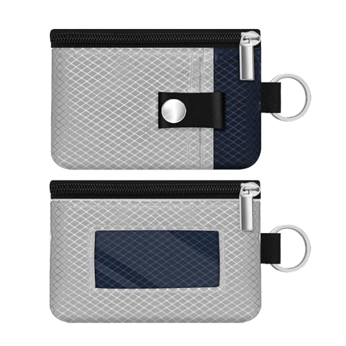 Image of Minimalist RFID Blocking Small Wallet with ID Window,WaterResistant Zip Id Case Wallet with Lanyard Keychain for Cards,Cash,Travel,Women,Men (Light gray /Dark blue)