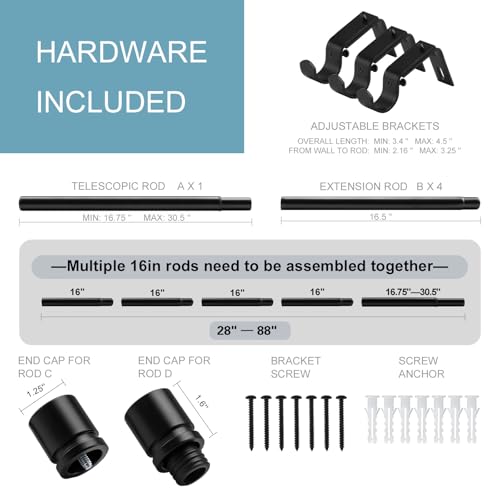 Image of Byondeth Curtain Rods for Windows 16 to 88 Inches 2 Pack Adjustable Length 1 Inch Diameter Window Curtain Rod with Aluminium Finials, Black