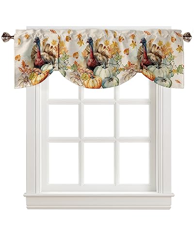 Thanksgiving Tie Up Valances Curtains for Windows/Kitchen/Bathroom/Bedroom, Fall Turkey Blue Orange Pumpkin Maple Eucalyptus Leaves Short Rod Pocket Tier Curtain Window Treatment, 1 Panel 54x18