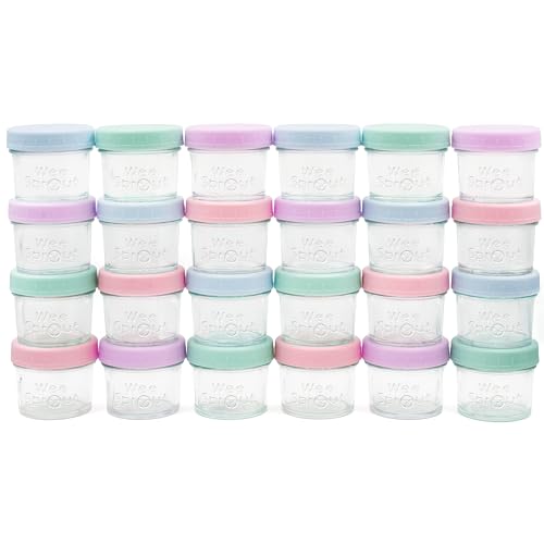 Image of WeeSprout Baby Food Storage Glass Jars w /Lids (4 oz, 24 Pack) Pastel Variety, Snack, Reusable Small Containers, Fridge or Freezer, Microwave & Dishwasher Safe, Essentials for Infants
