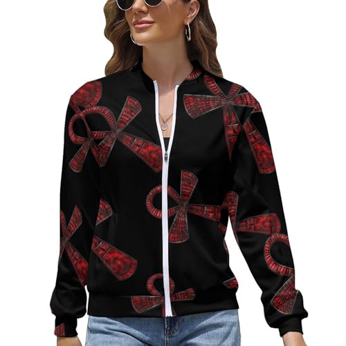 Red Ancient Egyptian Ankh Women's Zippered Jacket Long Sleeve Outwear Sweatshirts Jackets Fashion Fall Outfits2