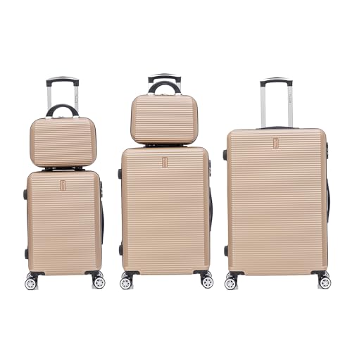 Luggage Sets 5 Pieces | Suitcase Set | Cabin + Medium + Large + 2x Cosmetic Case | ABS Lightweight Hard Shell Luggage Set with 2x Cosmetic bags | Champagne2
