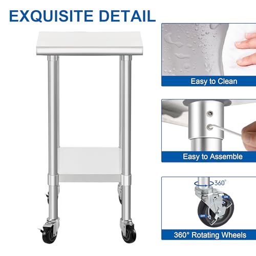 Image of HARDURA Stainless Steel Commercial Table Prep & Work Table with Casters Heavy Duty Metal Table with Wheels NSF 430 24x24 Inches